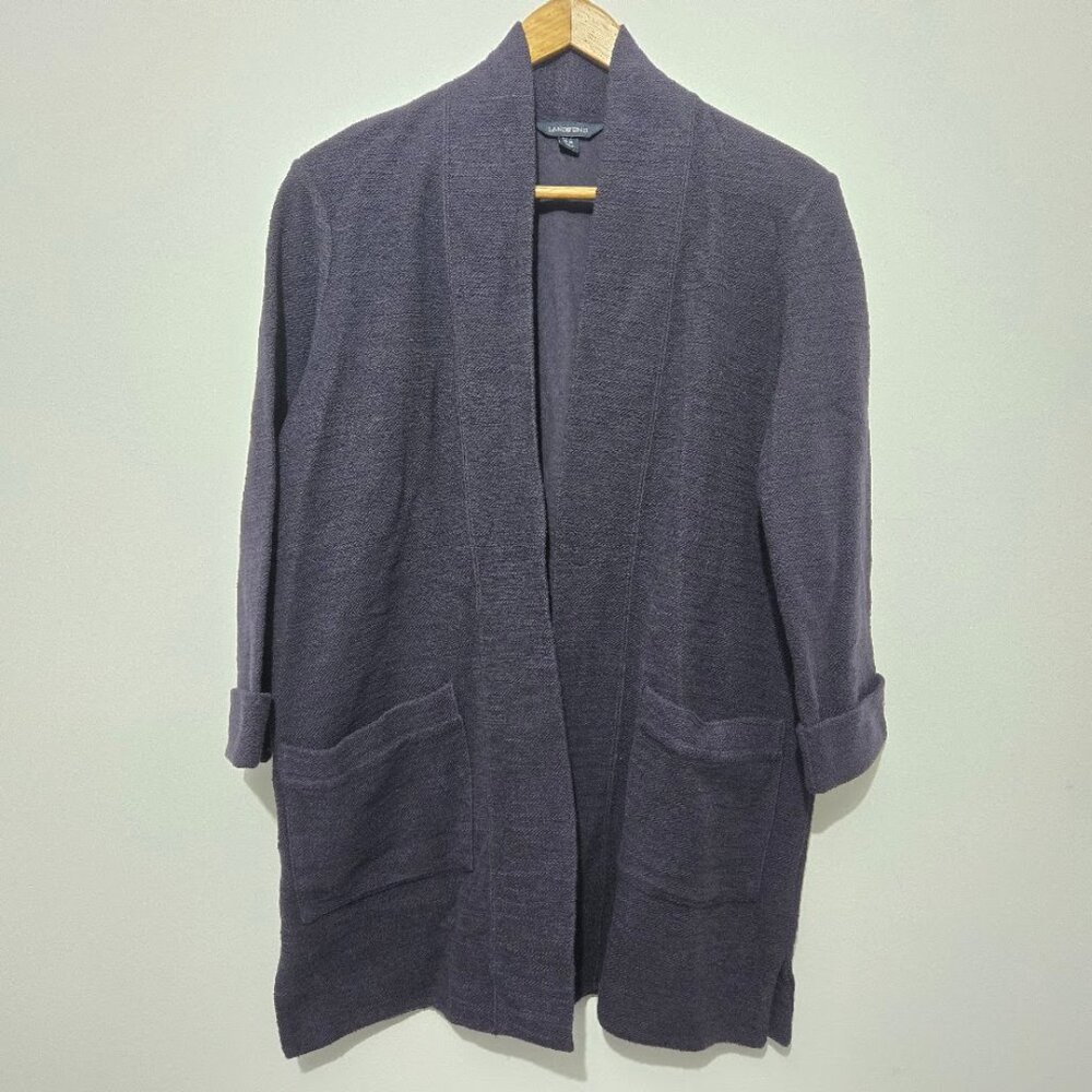 Lands End Womens Navy Blue Open Front Cotton Cardigan Sweater Sz L Pockets Lined